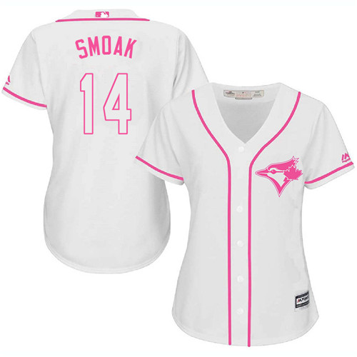 Blue Jays #14 Justin Smoak White/Pink Fashion Women's Stitched MLB Jersey - Click Image to Close
